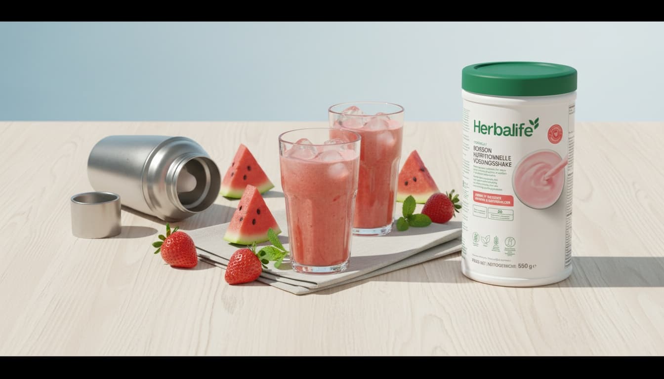 IJskoude aardbei-watermeloen shakes met ijs, watermeloen en verse aardbeien naast een Herbalife F1-pot op een lichte zomertafel