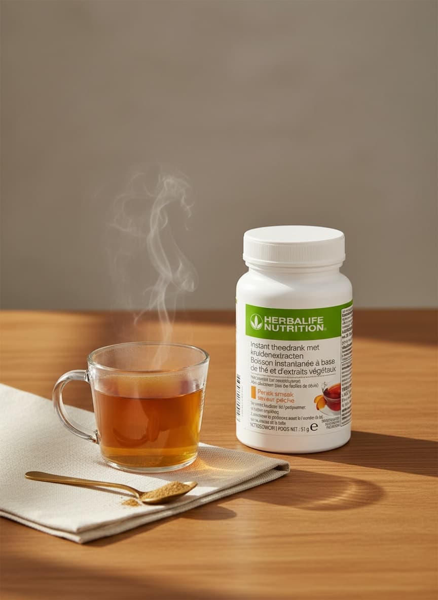 Herbalife Instant theedrank Perzik naast een glas warme thee en een halve theelepel theepoeder